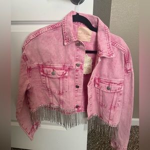 Acid wash pink denim jacket with rhinestone fringe detail! NWT!